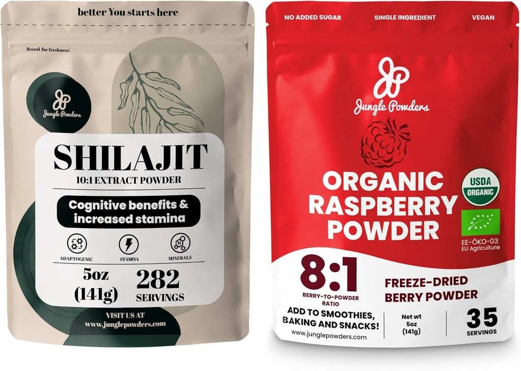 Jungle Powders Superfood Bundle: 5oz Raw Shilajit & 5oz Organic Raspberry Powder Combo - Pánská energetická podpora, Imunite Boost, USDA Certified Freeze- Sušené červené Raspberry pro pečení, Smoothies