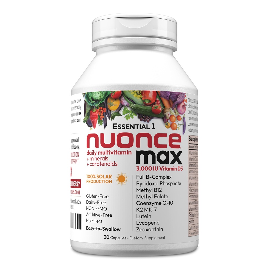 ANDREW LESSMAN Essential-1 nuononce max Multivitamin 3000 IU Vitamin D3 30 Malé kapsle. 100 mcg methyl B12. CoQ10 Lutein Lycopene Zeaxanthin. High Potency. Žádné přísady. Ultra- mírná jedna denní tobolka