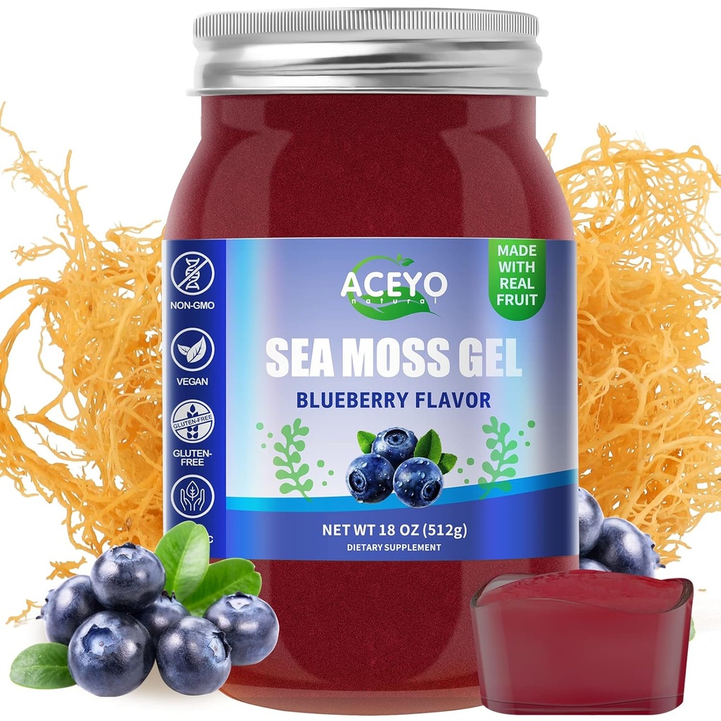 ACEYO (18 OZ) Irish Sea Moss Gel Organic Raw Vegan Blueberry Flavor 102 Vitamíny a minerály Wild Sklizeň Non-GMO imunitní obrana Booster štítné žlázy trávicí podpora