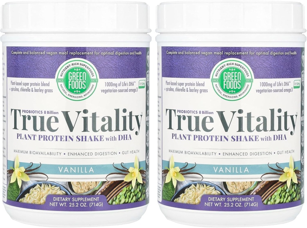 Green Foods True Vitality Plant Protein Shake, Vanilla, 25.2 Ounce (Balení po 2)