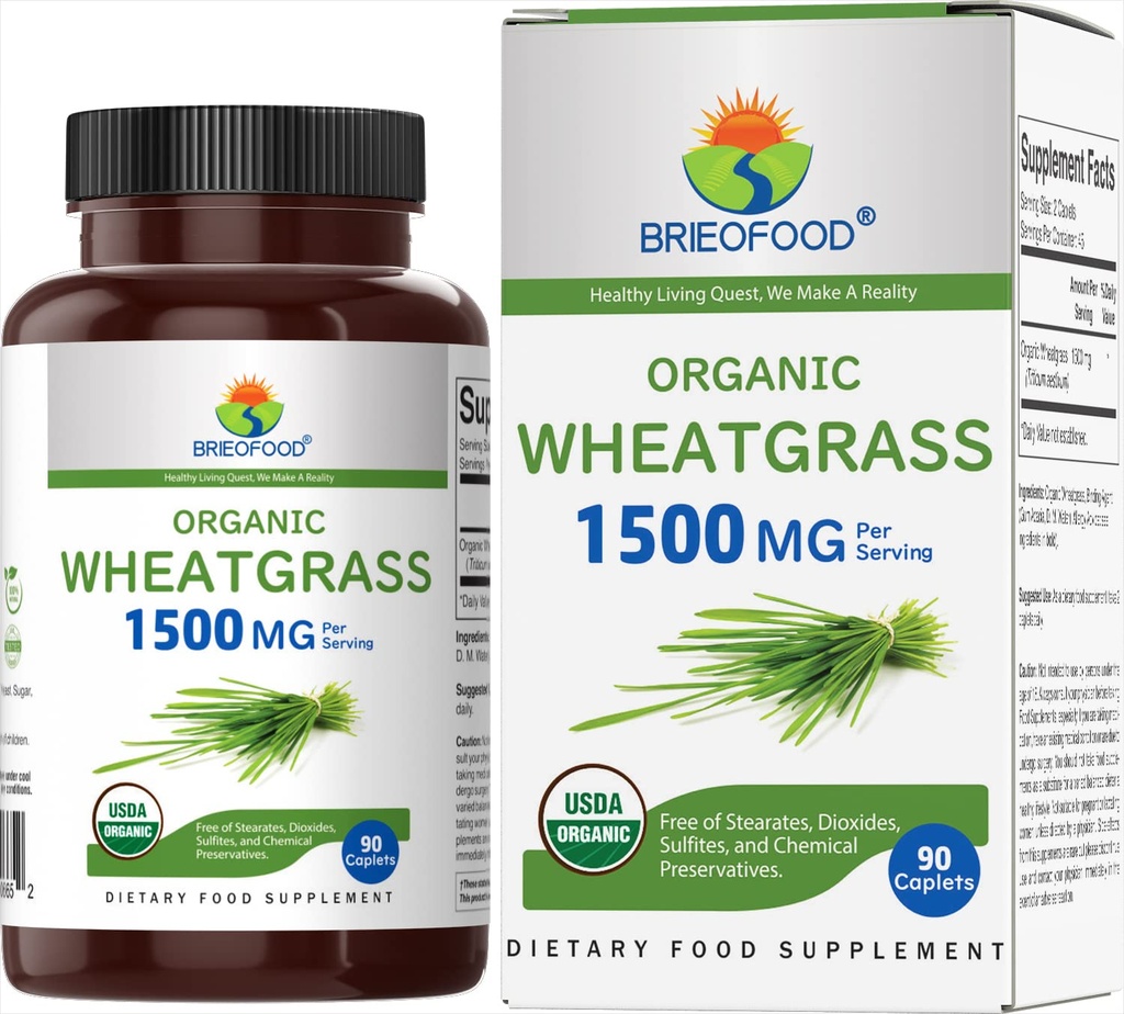 Brieofood Organic Wheatgrass 1500mg, 45 Servings, Vegetarian, Gluten Free, 90 Vegetarian Tablety