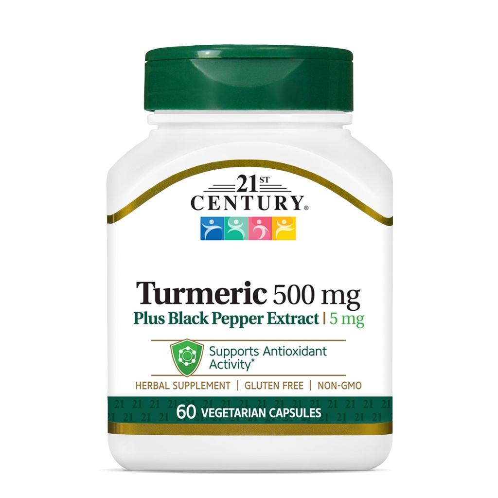21. Století Kurkuma 500 mg Plus černý pepř extrakt Vegetariánské kapsle, 60 Počet