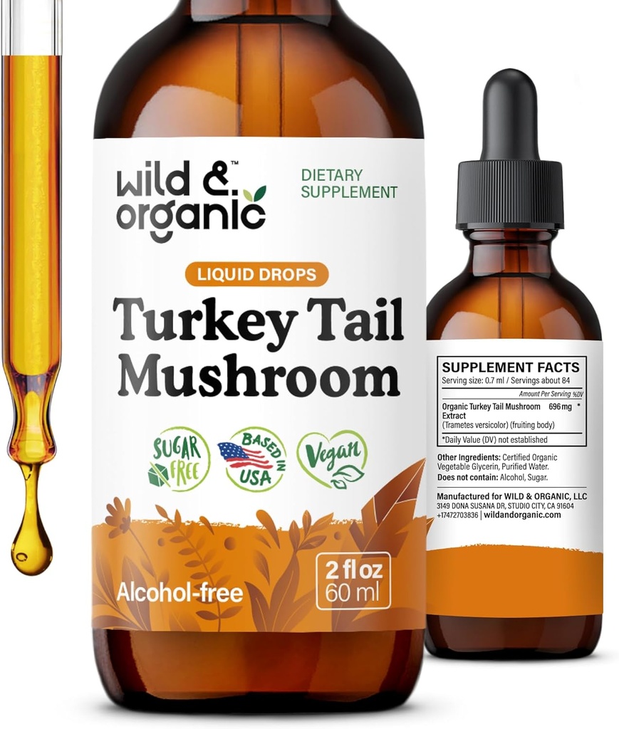 Wild & Organic Turkey Tail Tincture - Immunní & Gut Support - Turkey Tail Mushroom Extract Drops - Vegan, Cukr & Alcohol- Free Liquid Supplement - 2 fl oz