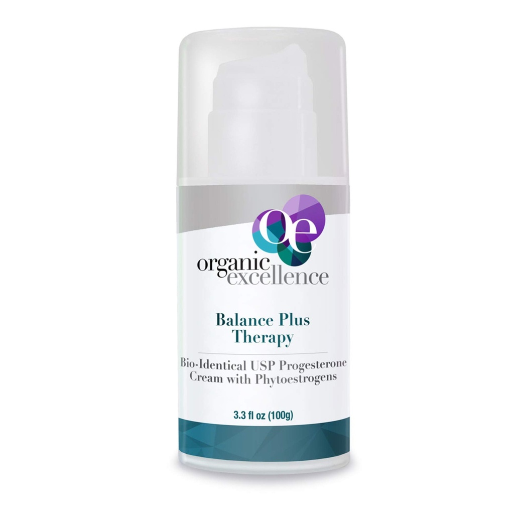 Organic Excellence Balance Plus Therapy - USP Bioidentický Organic Progesterone Cream for Women - with Phytoestrogens - for Menopause Relief and Natural Hormon Balance, 3.3 fl oz (100g)