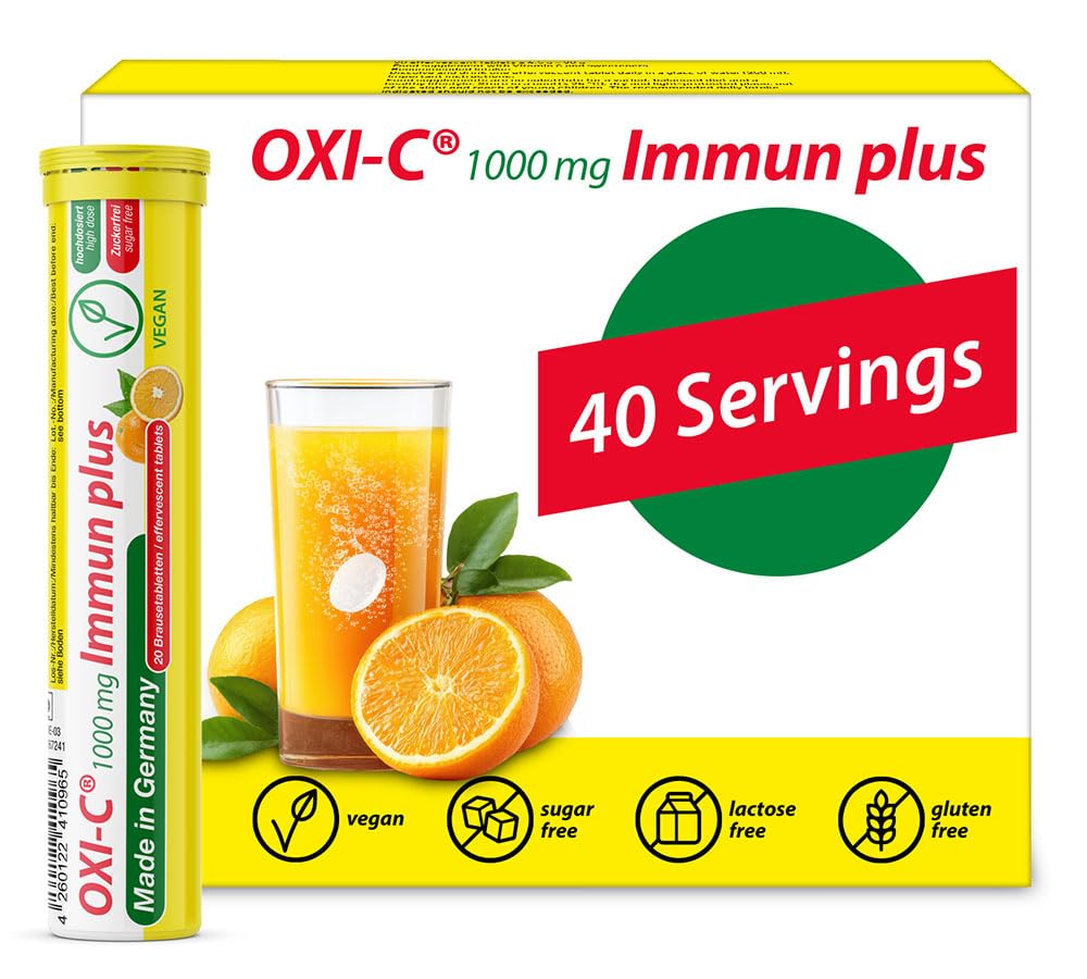 T & D Oxi C 1000 mg Vitamin C - 40 Vegan Drink Effervescent Tablety - Orange Flavor - Vyrobeno v Německu