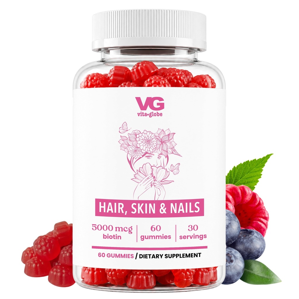VITA GLOBE vlasy, kůže a nehty + kolagenové gumy - 20mg s vitamíny A, C, D, E, B6 & Biotin 124; Beauty & Wellness dodatek pro zdravý růst vlasů, zářivá kůže a silné nehty - 60 Počet (balení po 1)