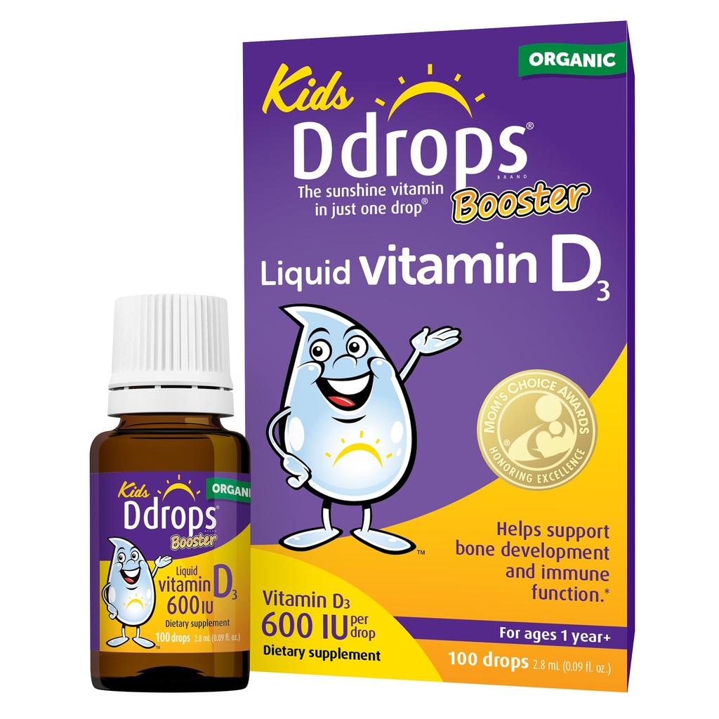 Ddrops Kids Booster 600IU 100 Drops - Denní tekutý vitamín D pro děti. Podporovat silné kosti a imunitní systém u dětí. Žádné konzervační látky, žádný cukr, Non- GMO, Alergy- Friendly