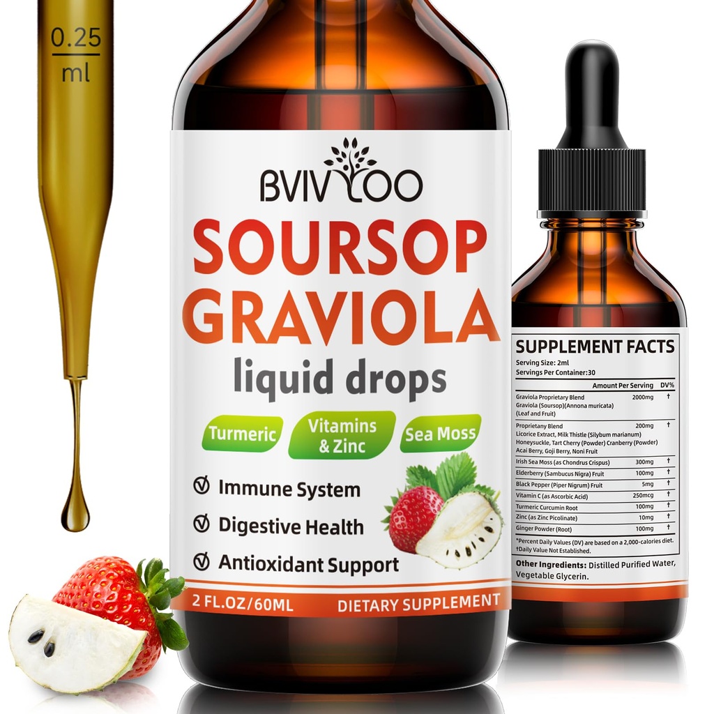Soursop Graviola Liquid Drops for Cell Support & Regeneration, Imunoboost, Relax, Játra a spánek, Soursop Bitters Liquid, Cukr / gluten Free, Přírodní jahody Flavor - 2 Fl Oz (60ml) Lahev