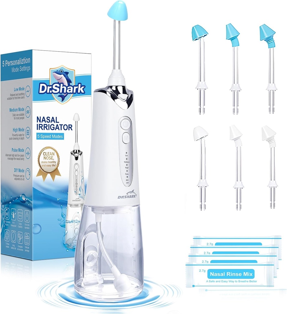 DR.SHARK Bezšňůrový Nasalový zavlažovací systém, Elektrický síťový hrnec pro Sinus, Čistič nosu, Čisticí stroj Sinus, 5 Modes Nasal Rinse Machine