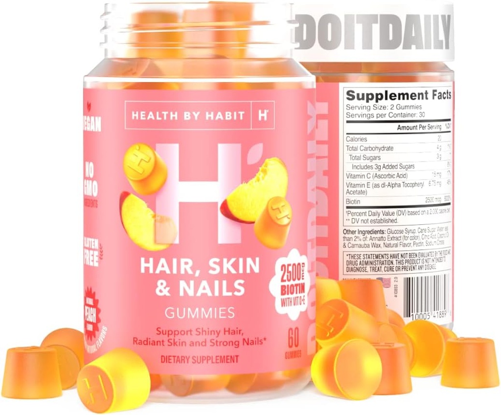 Zdraví Habit vlasy, kůže a hřebíky dodatek (60 Gummies) - 2500mcg Biotin, Vitamin C, Vitamin E, Silné hřebíky, Peach Flavor, Vegan, gluten zdarma, Non- GMO