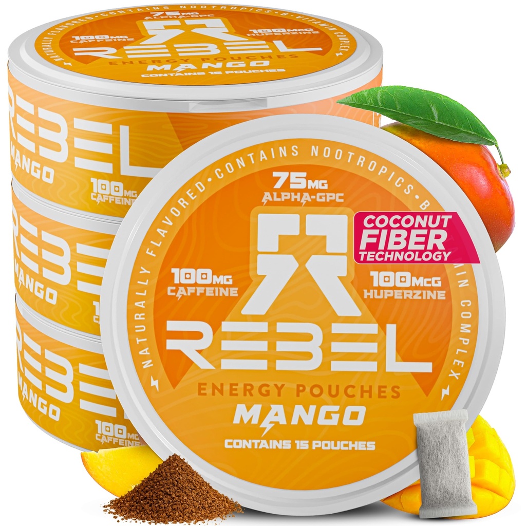 Nootropic Energy Caffeine Pouches • 100mg Caffeine • Alpha GPC • Huperzin A & Essential Vitamins • Sugar- Free • Coconut Fiber Technology • Mango Flavor • 15 Pouches per can (balení po 4)