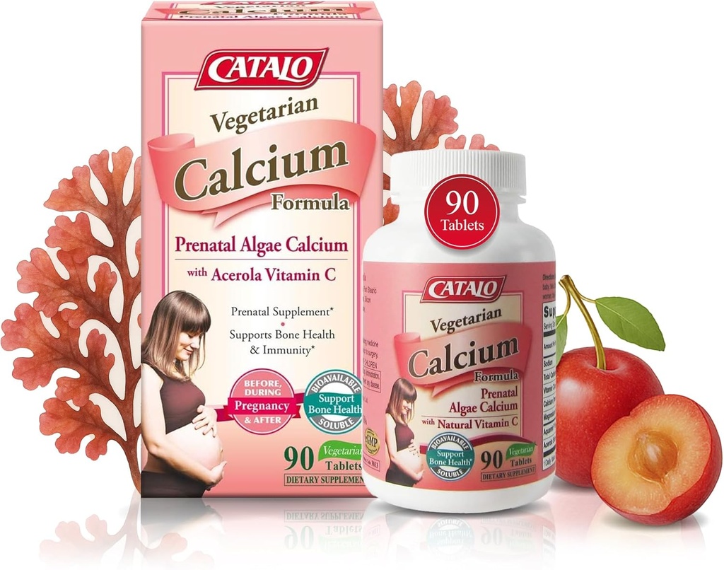 CATALO Vegetariánské vápník doplňky pro ženy - Plant- Based Red Algae vápník s hořčíkem a vitaminem C pro lepší absorpci - 90 tablet