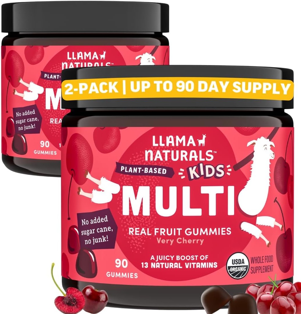 Llama Naturals Děti Multivitamin Gummies, Vegan, Organic with Vitamin D, C & K, Toddler Real Fruit Gummy Vitamíny, Žvýkací dodatek, Celé jídlo Multivitamin, No Added Sugar Cane, Cherry, 2 Pk