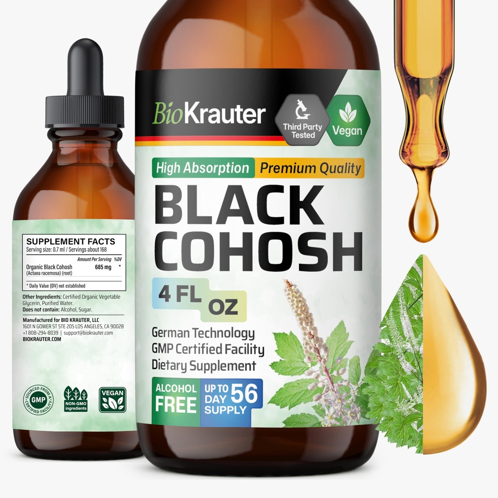 BIO KRAUTER Black Cohosh tinktura - Vegan Black Cohosh doplňky Ženy podpora - Alkohol a cukr zdarma - 4 Fl.Oz.