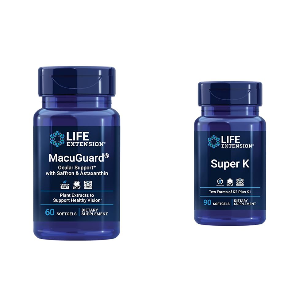 Life Extension Macuguard Eye Health Supplement with Lutein, Meso-Zeaxanthin, Saffron & Astaxanthin - 60 Počet a Super K vitamin K1 K2 MK-7 MK-4 Vitamin C - 90 Softgels