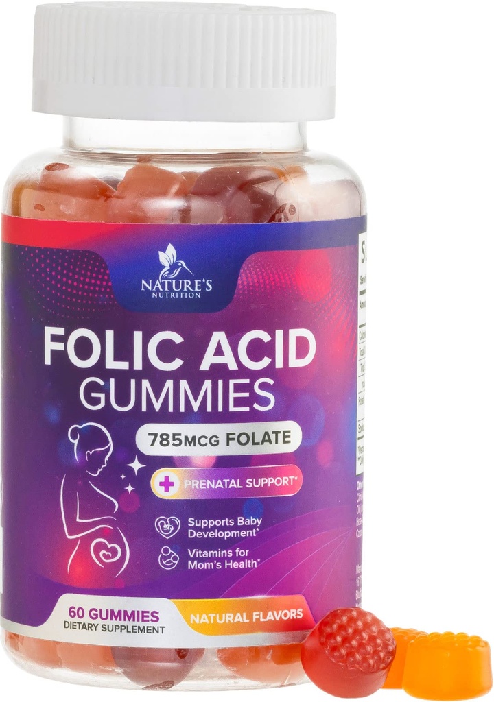 Kyselina listová gumičky pro ženy 785 mcg, esenciální prenatální vitamíny pro maminka & Baby, Vegan Folic dodatek Gummy, denní vitamin B9 extra sílu folát, před během těhotenství - 60 gumies