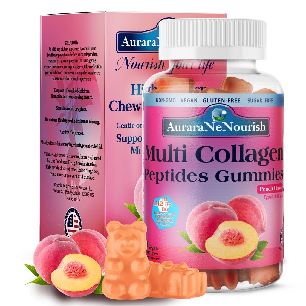 Multi kolagen Peptides Gummies, Sugar Free Hydrolyzed 5000mg protein typu I, II, III, V, X s Biotin Hyaluronic Acid Vitamin C A D B6 B12 L- Glutathione pro kůži vlasové nehty kloubní kosti - Peach Gummies
