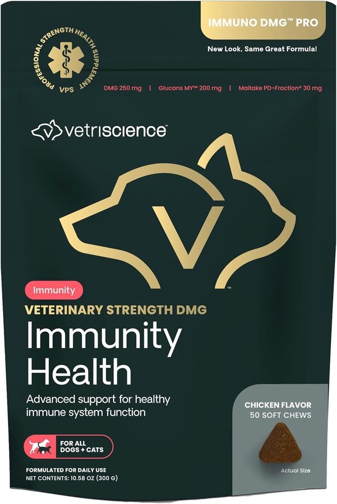 VETRISCIENCE Veterinární síla DMG Imunity Health Chews - Podpora imunitního systému pro psy a kočky - Jaterní pomůcka - Antioxidační podpora pro domácí zvířata - Kuřecí ochucení - 50 Počet
