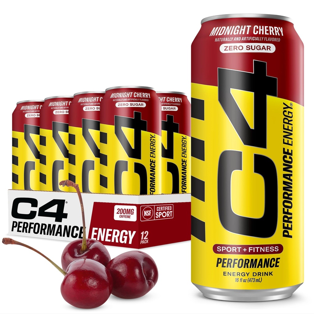 C4 Energy karbonated Nulový cukr Energy Drink, Pre Workout Drink + Beta Alanin, Midnight Cherry, 16 Fl Oz (balení po 12)