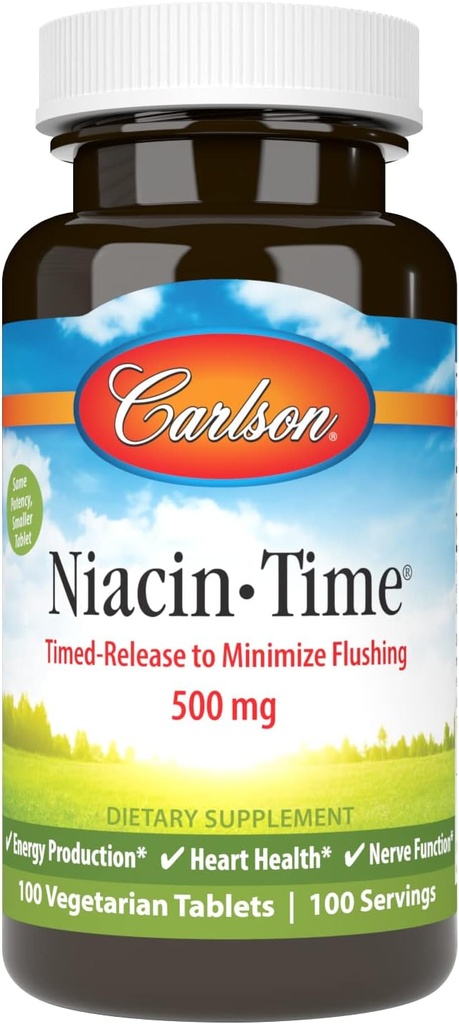 Carlson Niacin- Time 500 mg, Vitamin B-3, Časově uvolněné, 100 tablet