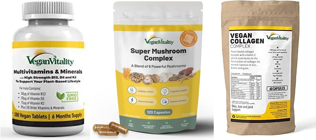 Vegan Vitality Booster doplňky Bundle - Vegan multivitamíny, kolagen a Super Houba Komplex. Vzorec založený na vysoké síle pro celkové zdraví veganů a vegetariánů