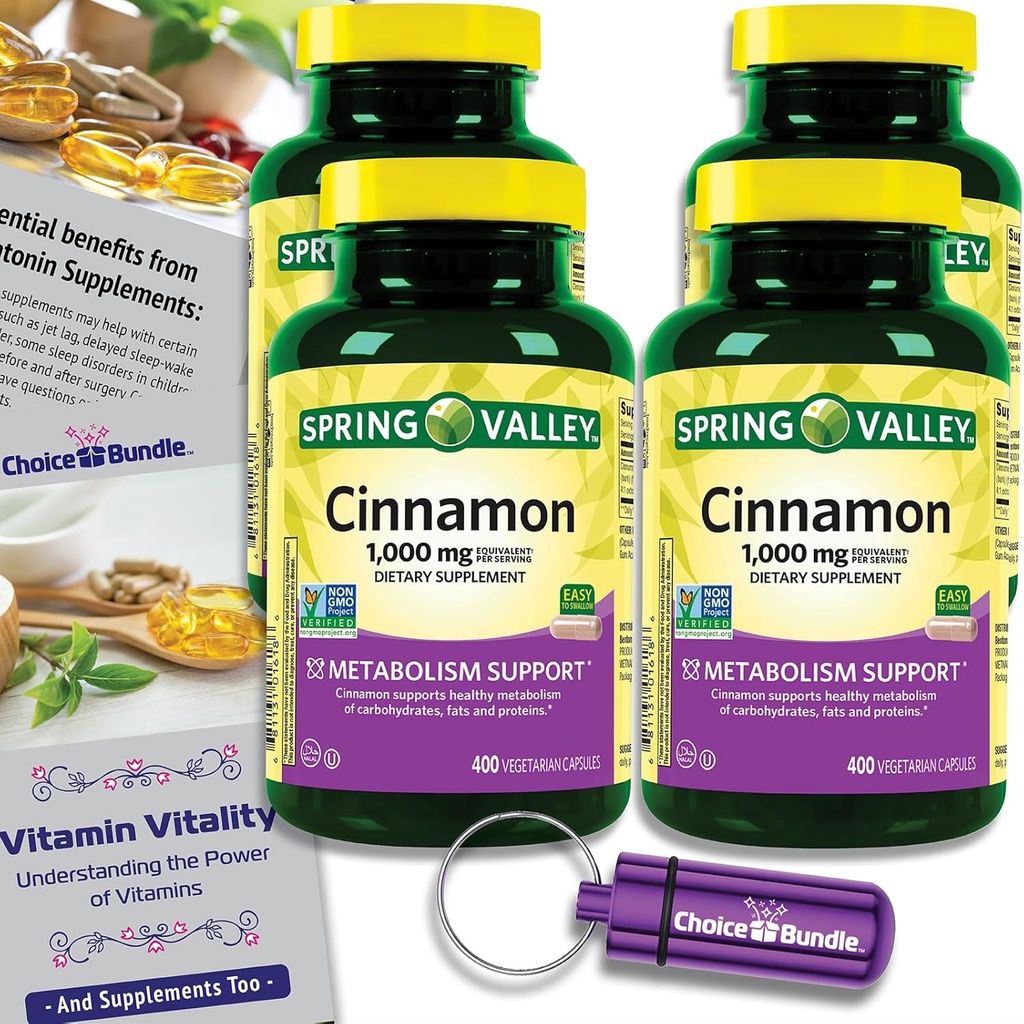Volba Bundle Spring Valley Skořice Dietní dodatek 1000mg 400 ct Vegetariánské kapsle 4 pk (1600 Celkem) + "Vitalita vitaminu" Průvodce & Pill Container (6 položek)!