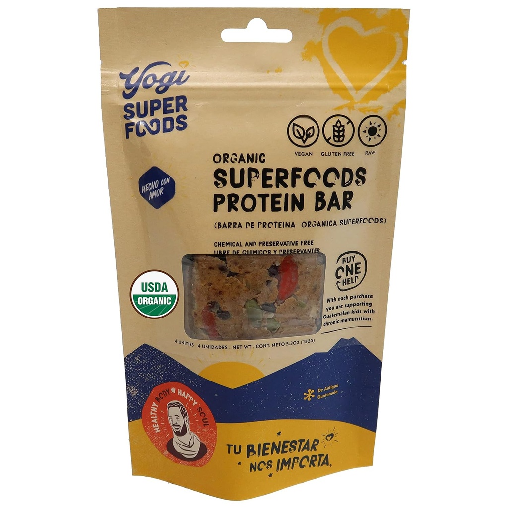 Yogi Super Foods Maca Protein Bary s kakaem pro zdravou energii - Syrové, Vegan, gluten zdarma, Nízké Glycemické Superfood Snack Food Bary s rostlinným proteinem, kakaový prášek & Granola - 4 bary