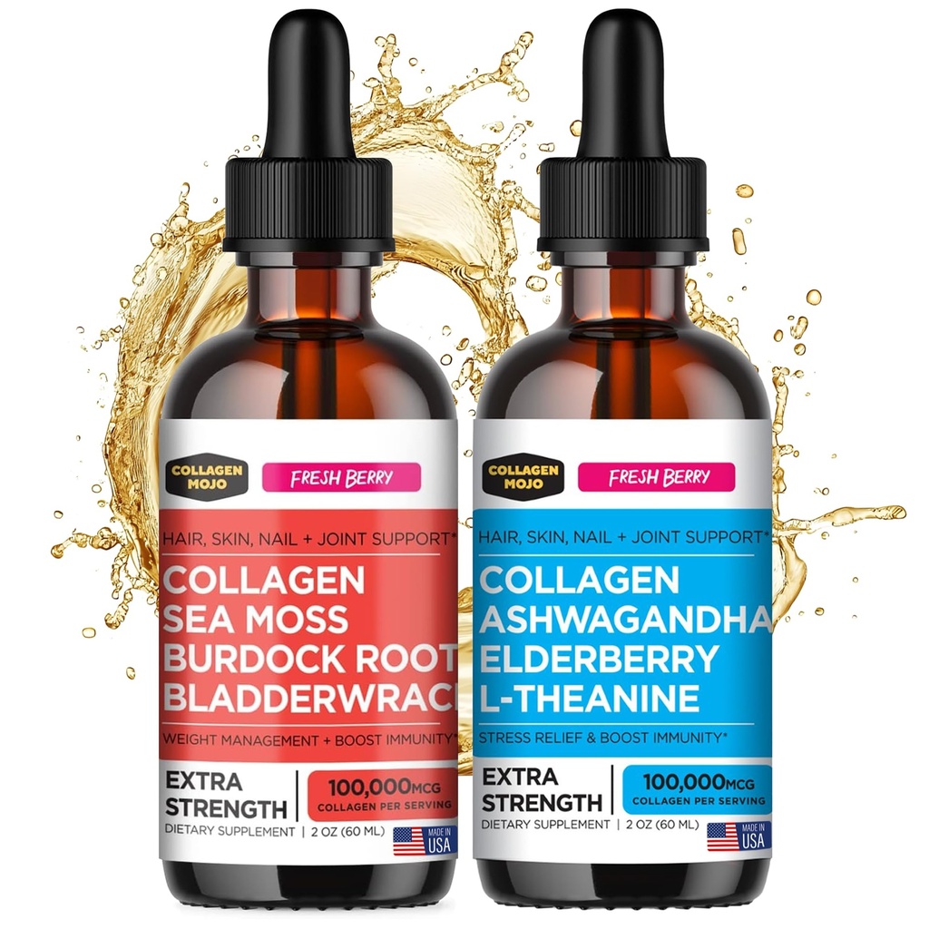 Kolagen Mojo Liquid Kolagen Peptidy s mořem Moss, Burdock Root & Bladderwrack + Liquid Kolagen Peptidy s Ashwagandha, Elderberry & L-Theanine