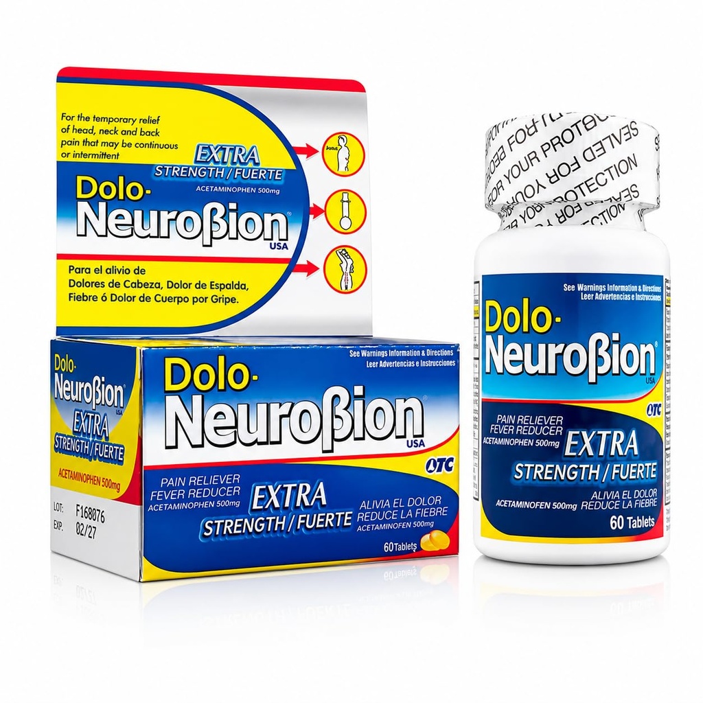Dolo Neurobion Pain Reliever, Horečka Reducer, Extra síla. Amelia el Dolor, Reduce la Fiebre, Extra Fuerte. 60 Tablet. Acetaminofen 500 mg