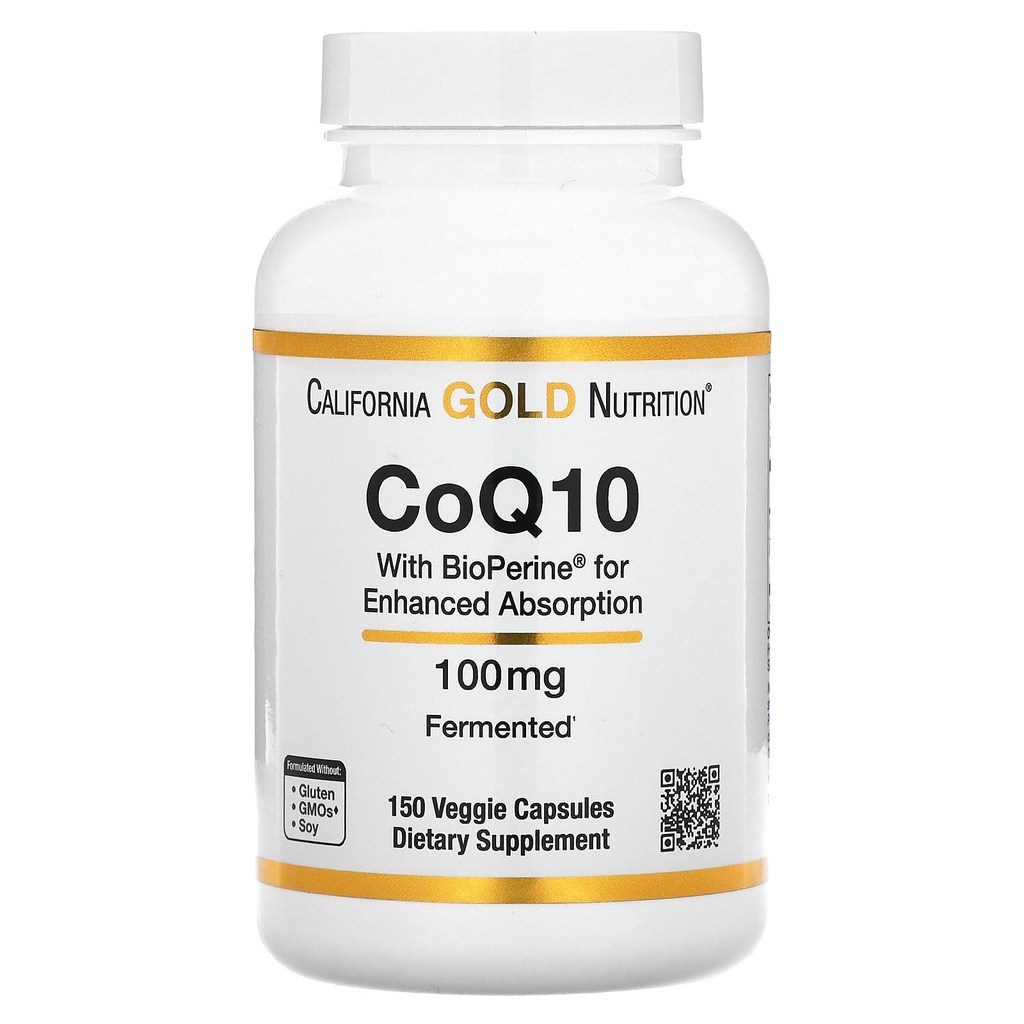 CoQ10 by California Gold Nutrition - USP- Ověřeno, Fermentovaný koenzym Q10 s BioPerine - Mitochondrial Support - Vegan Friendly - Gluten Free, Non- GMO - 100 mg - 150 Veggie Kapsle