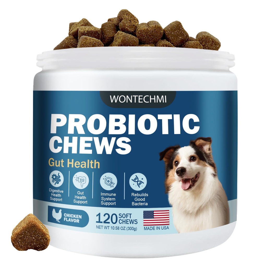 Probiotika pro psy, Zlepšit Itchy Skin Itchy Uars, Gut zdraví, Kvasinková rovnováha, Alergie, Imunita, Psí Probiotika a Dědičné Enzymy s Prebiotiky, Snížit průjem (Kuře, 120 žvýkání)