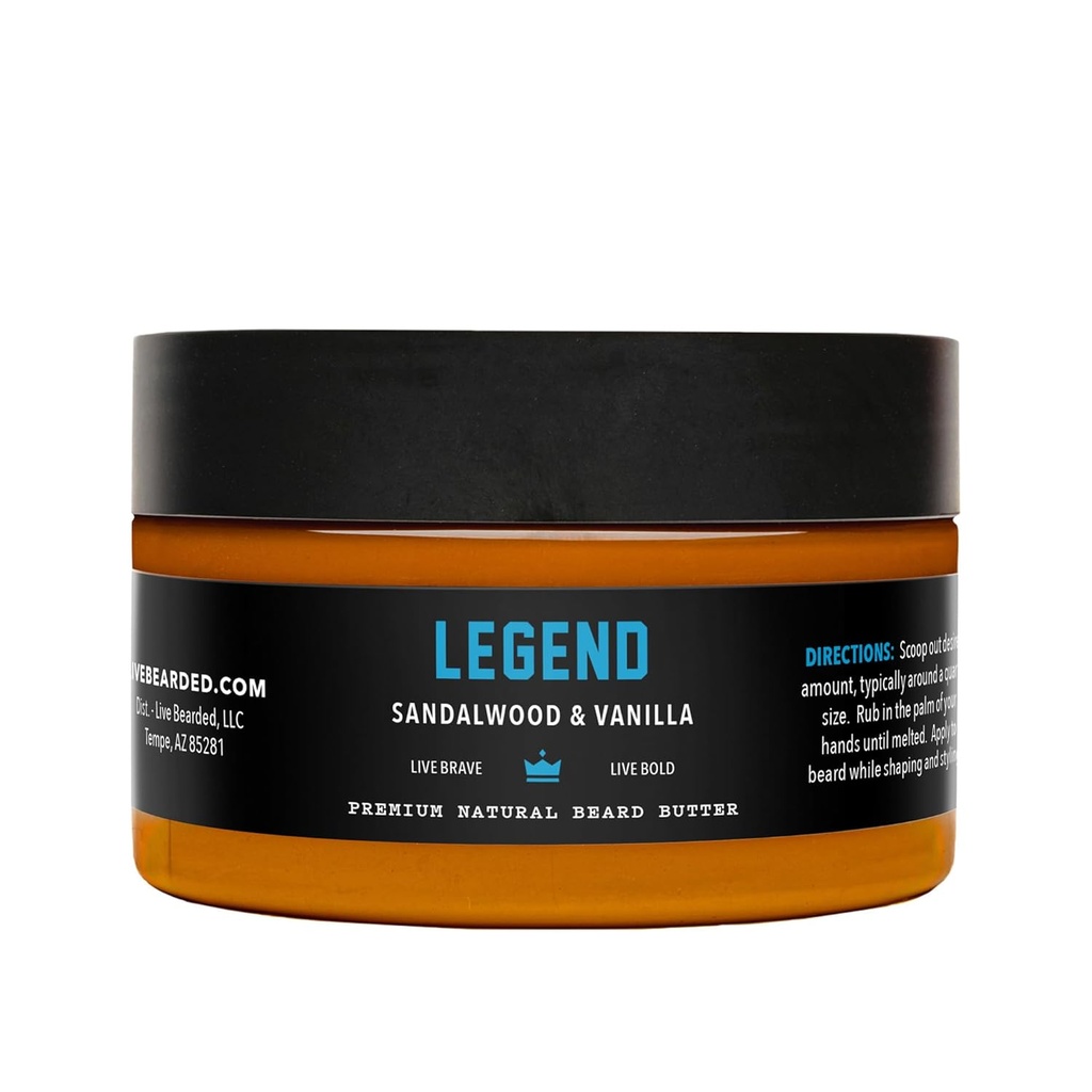 Live Beard Butter, 3 fl oz - Made in the USA - All- Natural Leave- in Conditioner and Softtener with Shea OF 124; Legend Scent - Sandalwood, Vanilla