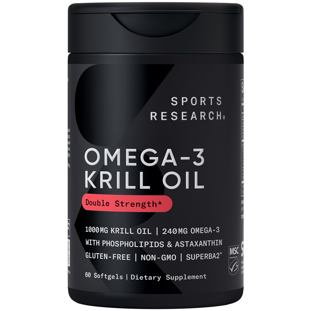 Sport Research Krill Oil Dodatek s EPA & DHA Omega 3, Fosfolipidy & Astaxanthin z Antarktického krilu - Nejvyšší koncentrace krilového oleje pro muže a ženy - 1000mg, 60 Softgel Kapsle