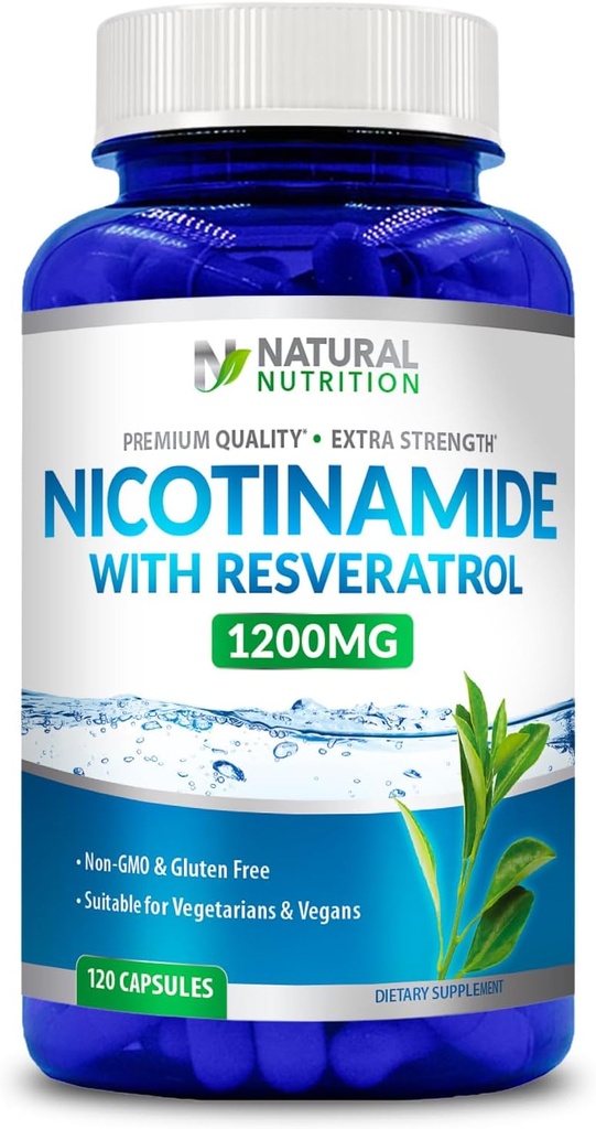 Generické přírodní vitamin Extra síla Nicotinamid s Resveratrol 1200mg (vitamin B-3) 120 Veggie Kapsle Gluten zdarma & Non- GMO