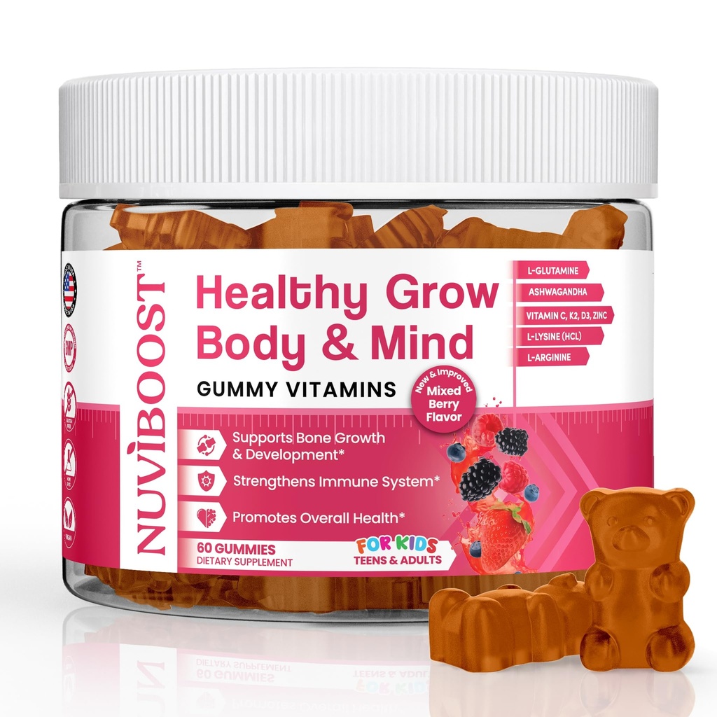 Zdravý růst Výška růst Gummies bohaté na vápník, vitaminy C, D3, K2, L-Arginin, Ashwagandha, a další, Boost zdraví kostí & imunitu, Multivitamin, pro děti 5 +, dospívající a dospělí.