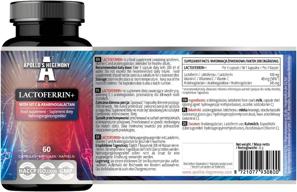 APOLLO 'S HEGEMONY Lactoferrin + 100 mg - s vitamínem C a Arabinogalactan - 60 Veganových kapslí - 2 měsíční zásoba - pro zvýšenou imunitu a absorpci železa