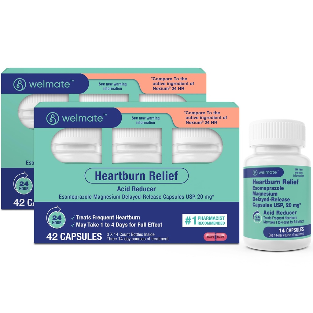 WELMATE - Esomeprazol Magnesium 20 mg - Heartburn Medicine - Acid Reducer - Zpožděné uvolnění Heartburn Relief - 24 hod Ochrana - pro muže a ženy - 84 Kapsle - 2 Pack