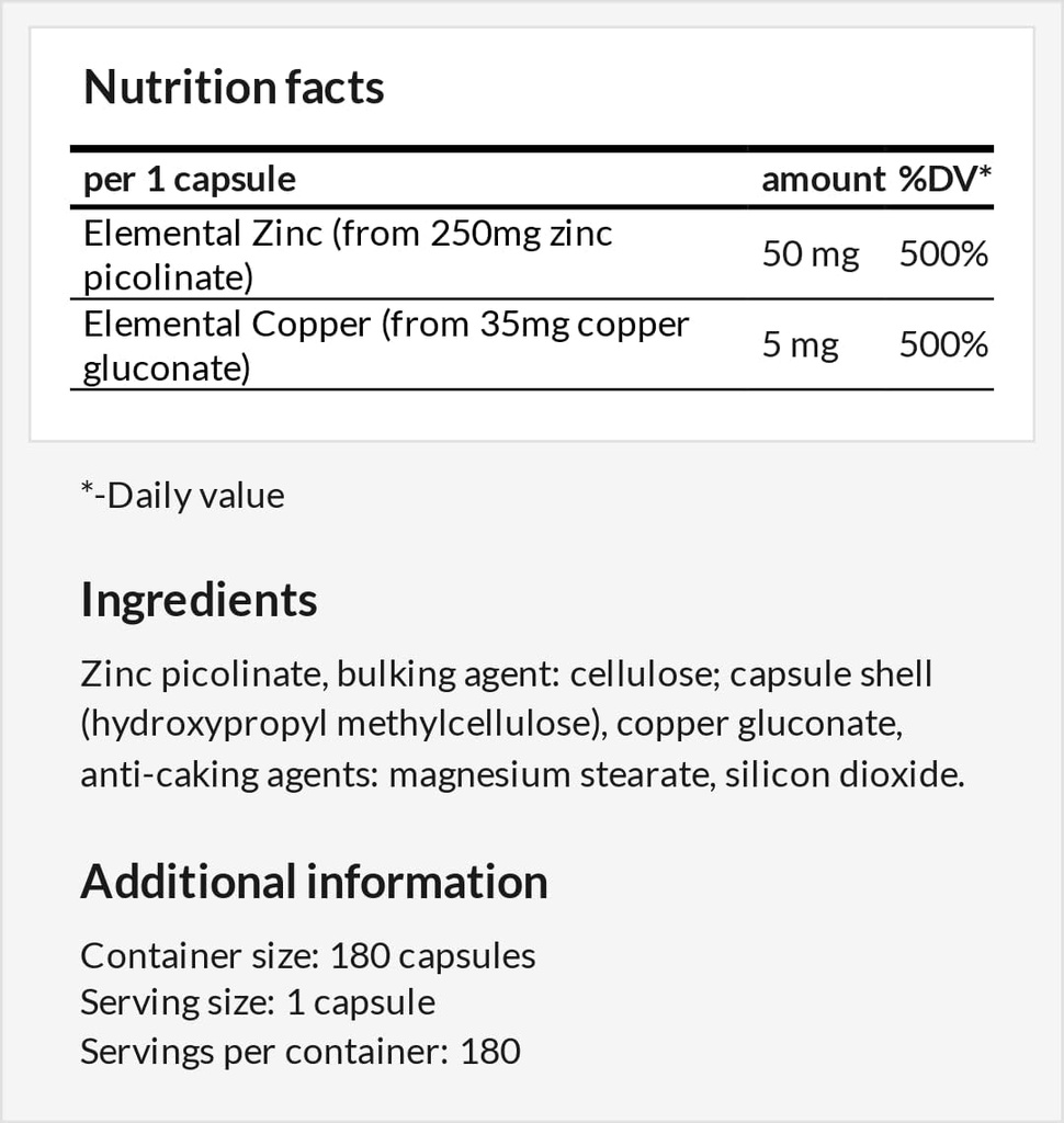 Z- Balance - Zinek 50mg + Cooper 5mg - 180 Vegan Kapsle - 6 měsíců Dodávka - Zinek pikolante a Cooper glukonan dodatek pro zdravé vlasy, kůži a nehty - podle Apollo Hegemonie