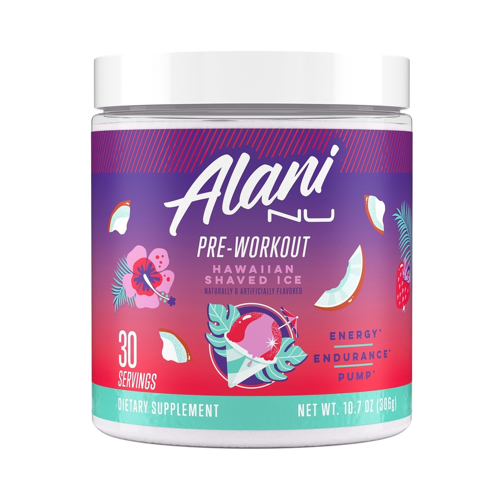 Alani Nu Pre Workout Powder Hawaiian Shaved ICE, Amino Energy Boost, Endurance Dodatek, Cukr zdarma, 200mg kofein, L-Theanine, Beta-Alanin, L-Citrulline, 30 Služeb