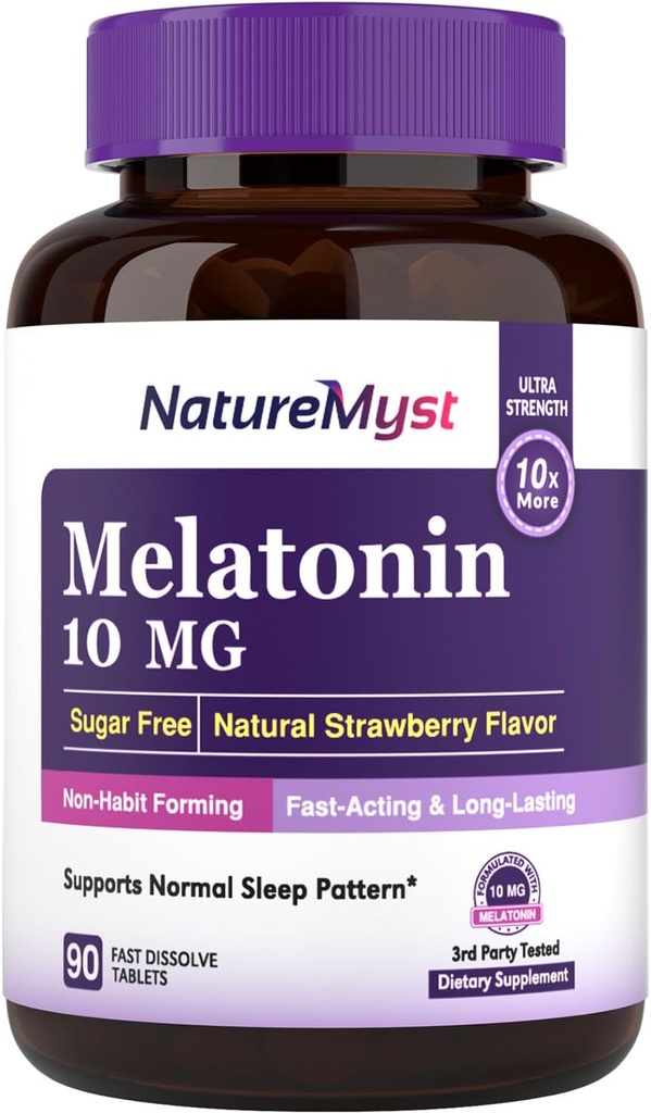 Melatonin 10 MG, Rychlé rozpuštění tablety, Ultra síla, Non- Habit Forming, Sleep & Calmness Support, No Sugar, Natural Strawberry Flavor, 90 Tablety
