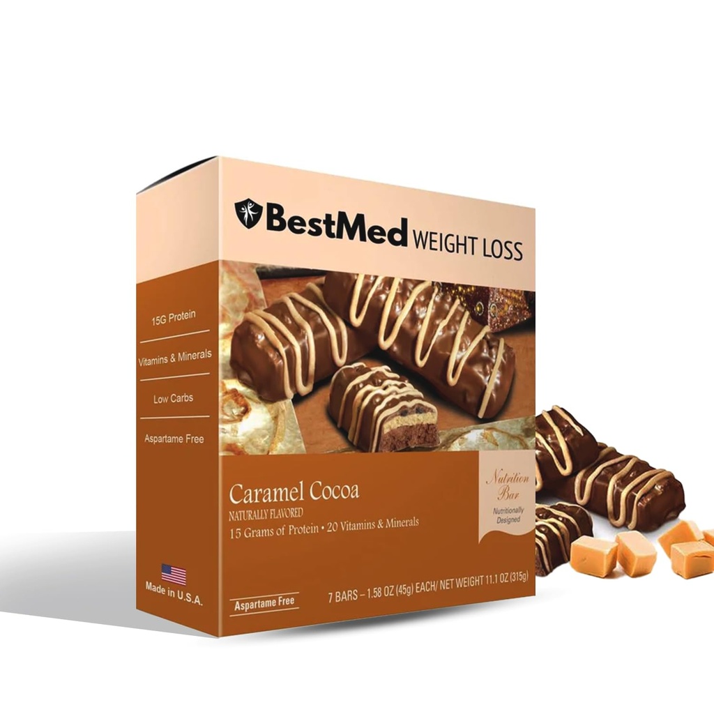 BestMed - High Protein Nutrition Bar - Low- Carb, 15g Protein, Nízký cukr, Vysoký Fiber, Nízké kalorie, Jídelní Náhradní Bar (Karamelové kakao, 1 box - 7 Počet)
