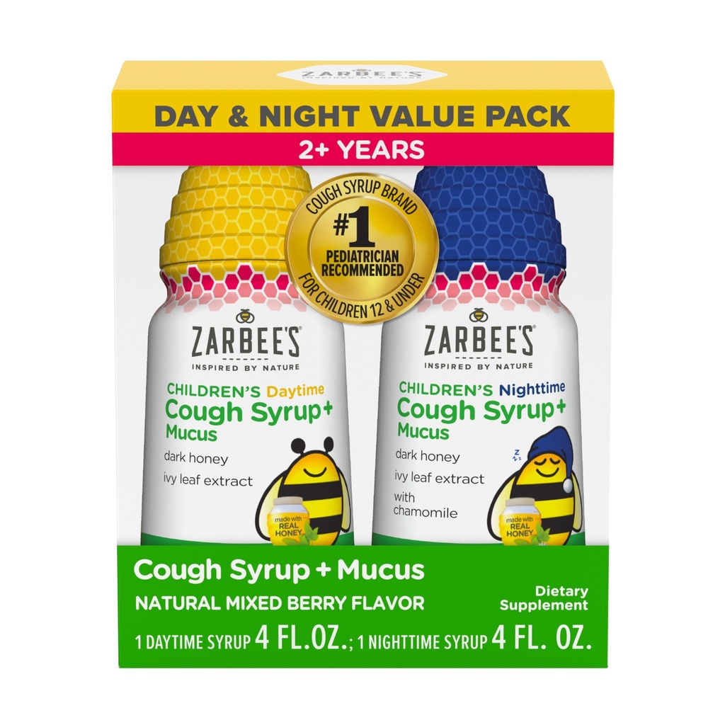 Zarbee 's Children' s Honey Cough Syrup + Mucus Day & Night Value Pack, Daytime & Nighttime Toddler Cough Syrup, Dark Honey, Ivy Leaf Extract, Heřmánek, Mixed Berry Flavor, 2X 4 Fl Oz