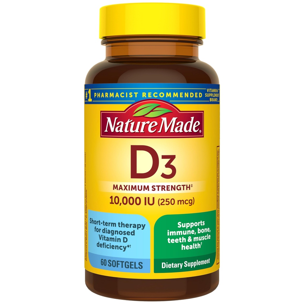 Nature Made Vitamin D3 10000 IU (250 mcg) Maximální síla, Dodatek vitaminu D pro podporu kostního a imunitního zdraví, 60 Softgels, 60 denní zásobování