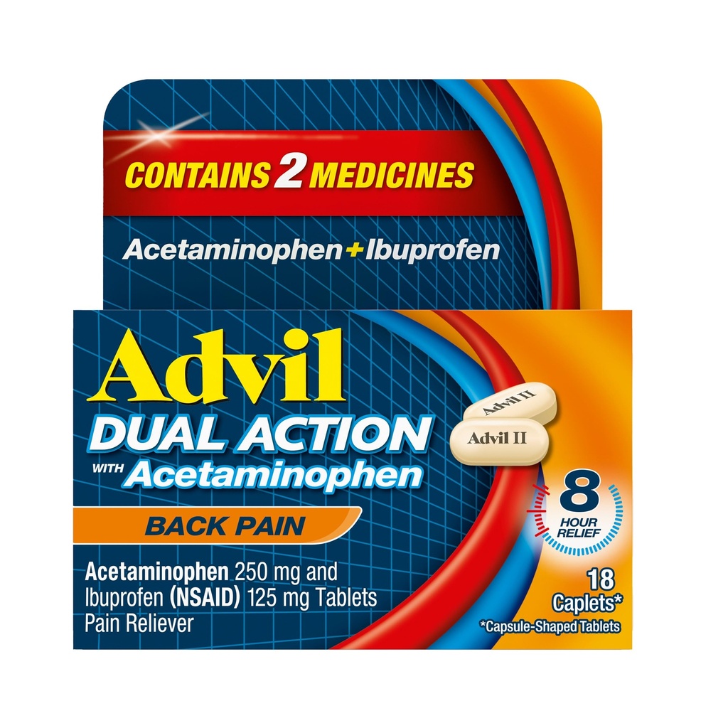 Advil Dual Action Back Pain Caplet Dodává 250mg Ibuprofen a 500mg Acetaminophen per Dose po dobu 8 hodin bolesti zad - 18 Počet
