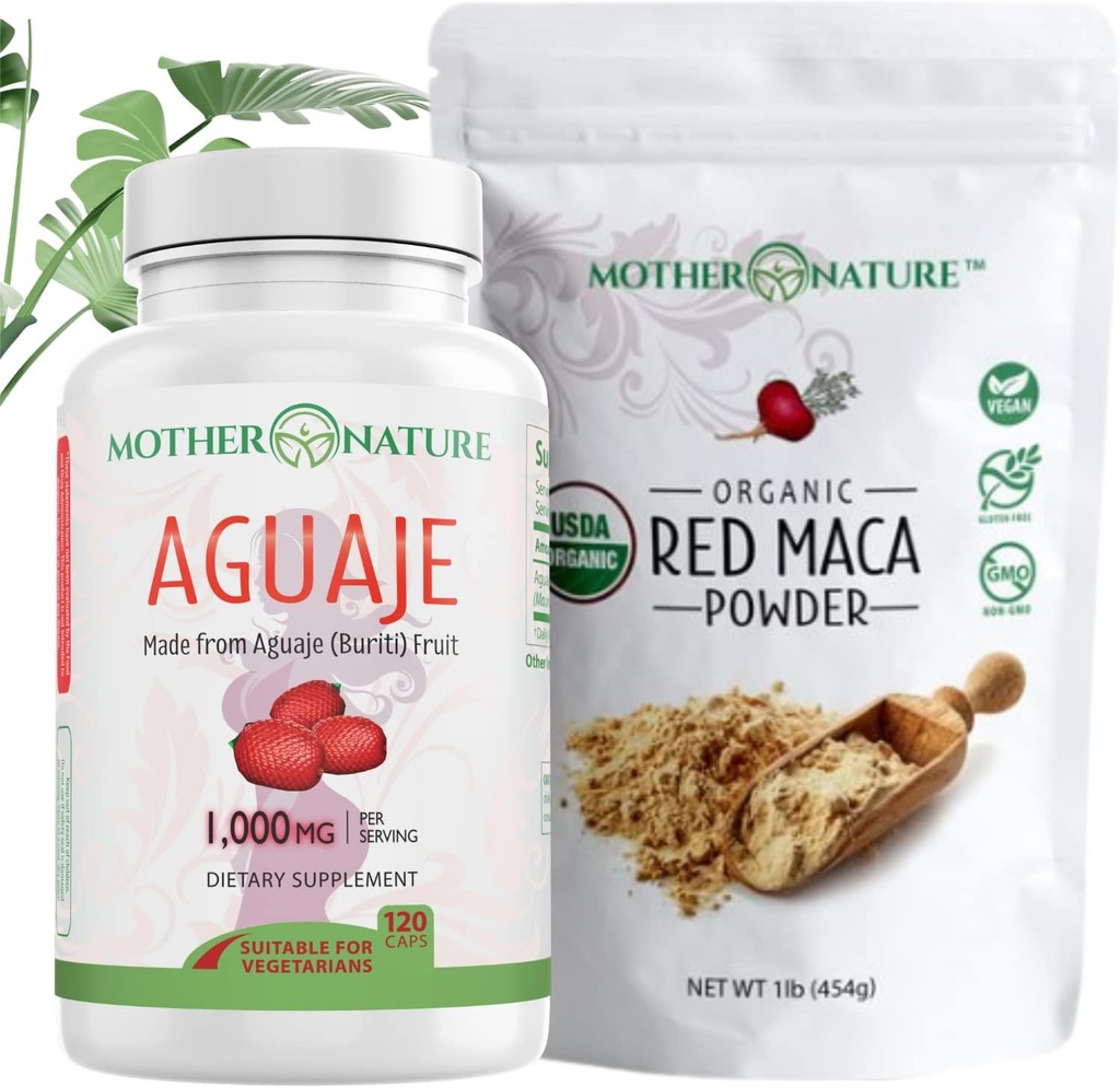 Beauty Bundle - Aguaje Kapsle + Red Maca Powder 124; Organic Superfoods for Hair, Skin & Wellness S124; Bohatí ve Vitamíny & Minerály 124; Vegan, Non- GMO