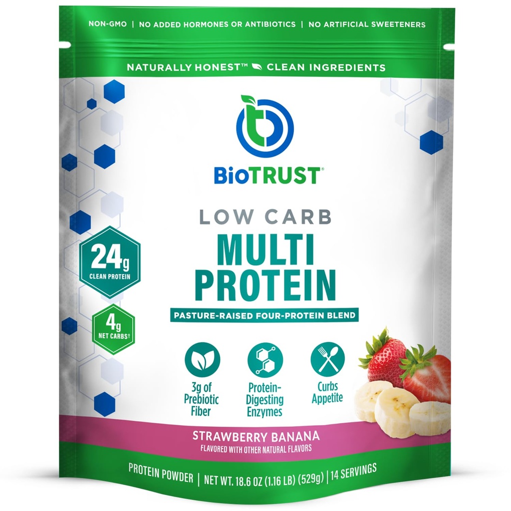 BioTrust low carb protein Powder - Delicious Whey & Casein Blend from Grass- Fed Hormon Free Cows - Non GMO, gluten Free (Strawberry Banana)