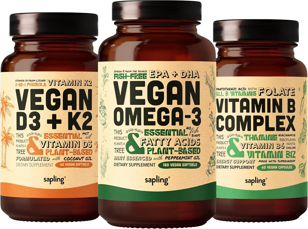Vegan Omega 3 180 Softgels & Vegan D3 + K2 & Vitamin B Complex Bundle - Plant Based DHA & EPA Fatty Acids, 4000 IU vitaminu D3 a 100mcg vitaminu K2, esenciální vitaminy B