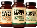 Vegan Omega 3 180 Softgels & Vegan D3 + K2 & Vitamin B Complex Bundle - Plant Based DHA & EPA Fatty Acids, 4000 IU vitaminu D3 a 100mcg vitaminu K2, esenciální vitaminy B