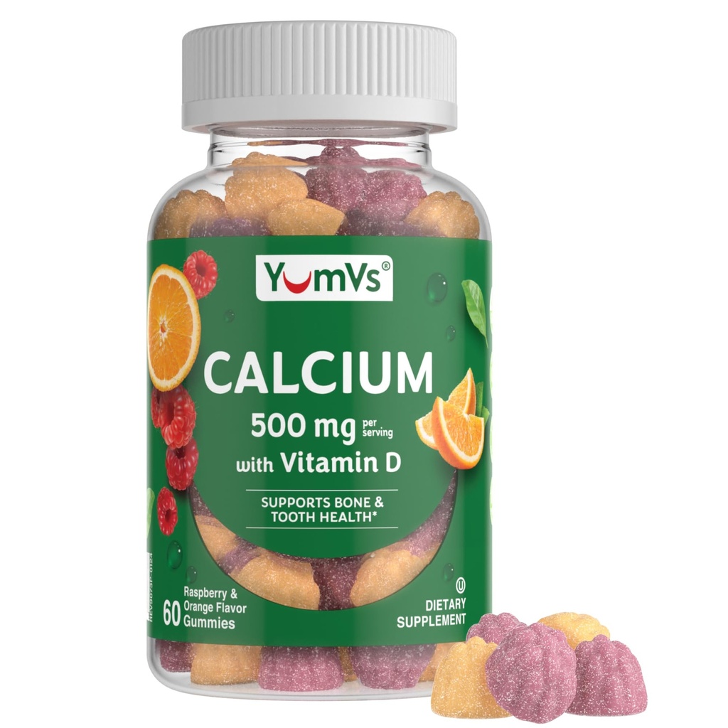 YumVs vápník 500 mg s vitaminem D3 - Malina a pomerančový příchuť vápníku Vitamin D Gummies, Žvýkací doplněk vápníku pro děti a dospělé, Vitamin D vápník Gummies, Kosher Halal gluten zdarma (60 Počet)