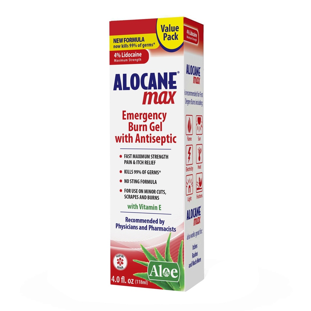 Alocane Max Nouzové Burn Gel, 4% Lidokain Hydrochlorid, .13% Benzalkonium Chlorid, Maximální síla Relief, Itch Relief, Pro Sunburns, Kuchyně, Radiation, Chemical, First- Stupeň Burns, 4 Fl Oz